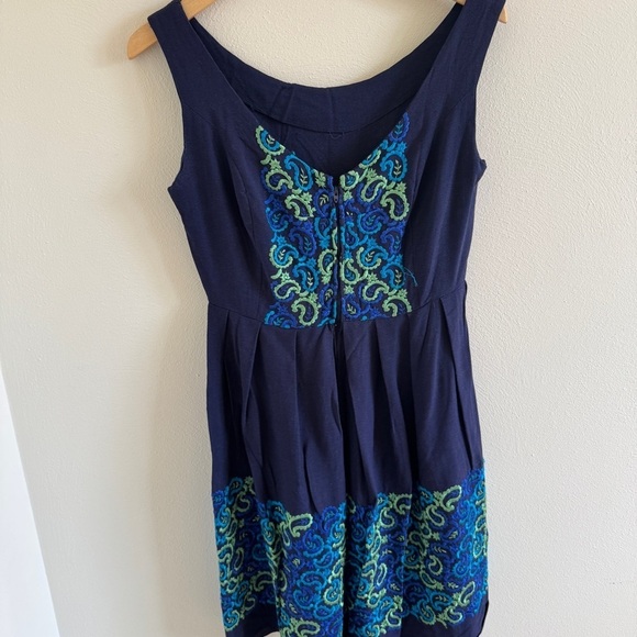 Vintage Navy Blue and Green Embroidered Linen Dress - Picture 10 of 13